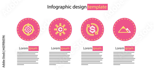 Set line Return of investment, Mountains, Copywriting network and Outsourcing concept icon. Vector