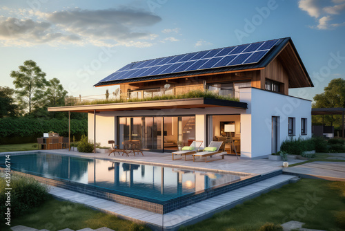 Modern house with solar panels, generative AI © Kien