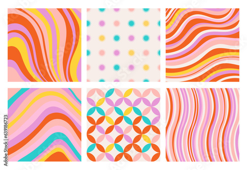 Set of wavy seamless trippy patterns in psychedelic colors. Abstract vector retro backgrounds. 1970 Aesthetic textures with flowing waves. Seventies style trendy wallpapers. Flat hippie aesthetic.