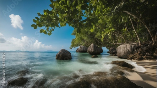 sandy beach with rocks at the side of the island