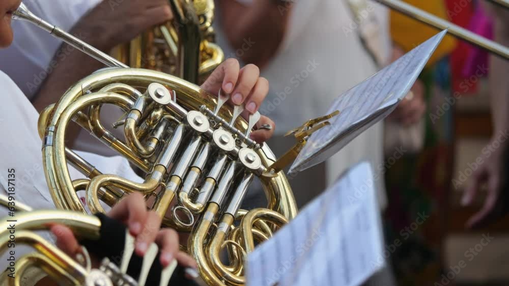 Adobe Instrument Artist playing the trombone at a parade, close look at the instrument ...