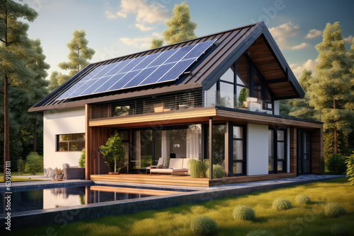 Modern house with solar panels, generative AI © Kien