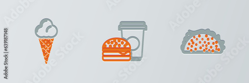 Set line Taco with tortilla, Ice cream in waffle cone and Coffee and burger icon. Vector