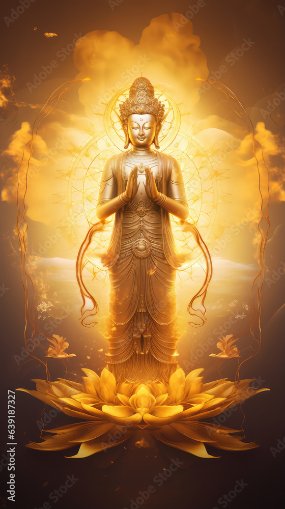 glowing golden Avalokitesvara stand on lotus, generative AI