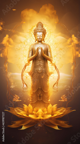 glowing golden Avalokitesvara stand on lotus  generative AI