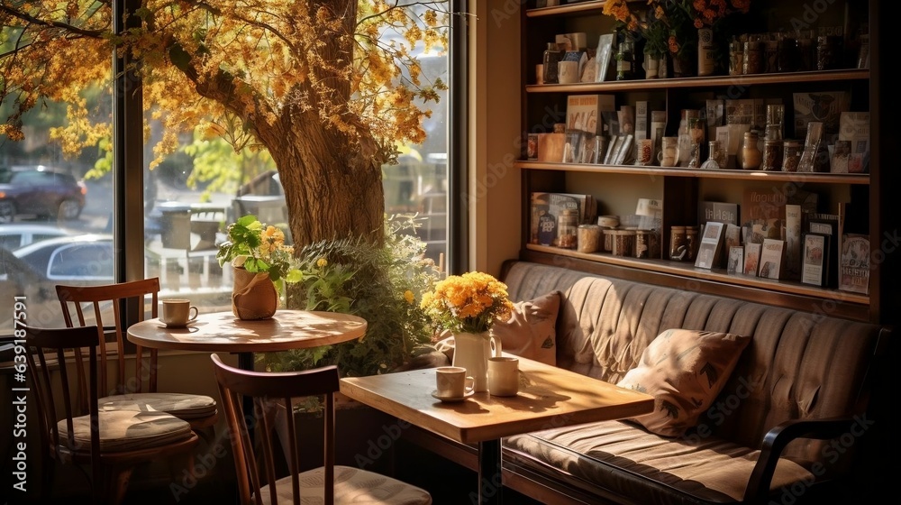 Sunlit ambiance graces a cozy coffee shop corner

