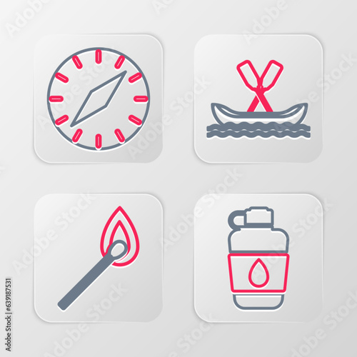 Set line Canteen water bottle, Burning match with fire, Rafting boat and Compass icon. Vector