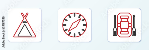 Set line Rafting boat, Tourist tent and Compass icon. Vector