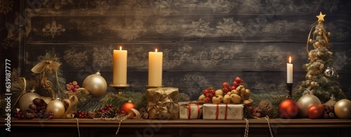 Beautiful Christmas background with gifts and decoration for xmas season. Generative AI