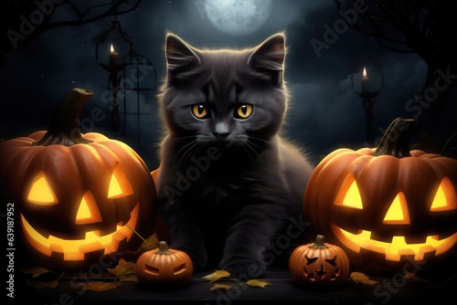 Cute kitten in a pumpkin for Halloween. Generative AI © Gelpi
