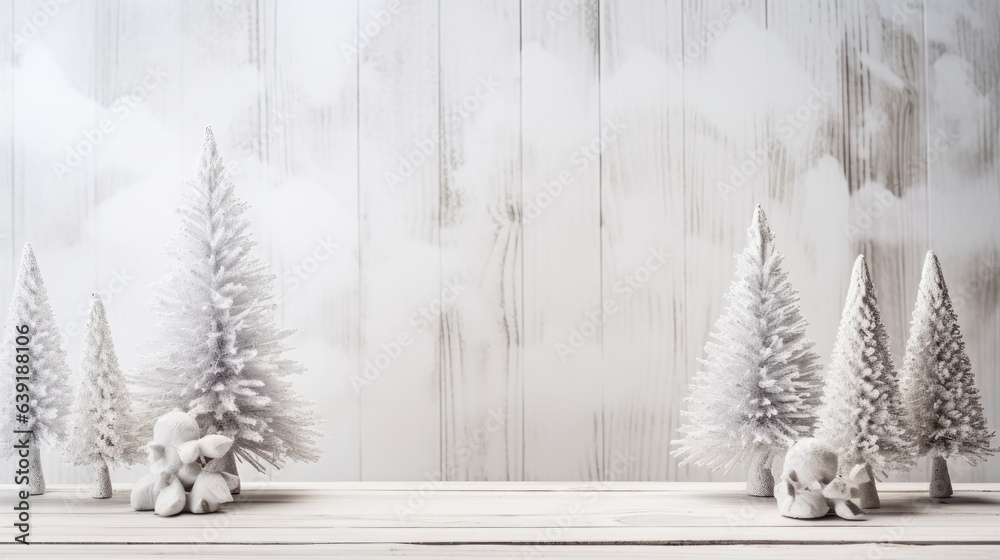Fototapeta premium Many Christmas natural decorated trees on a snowed background. Generative AI
