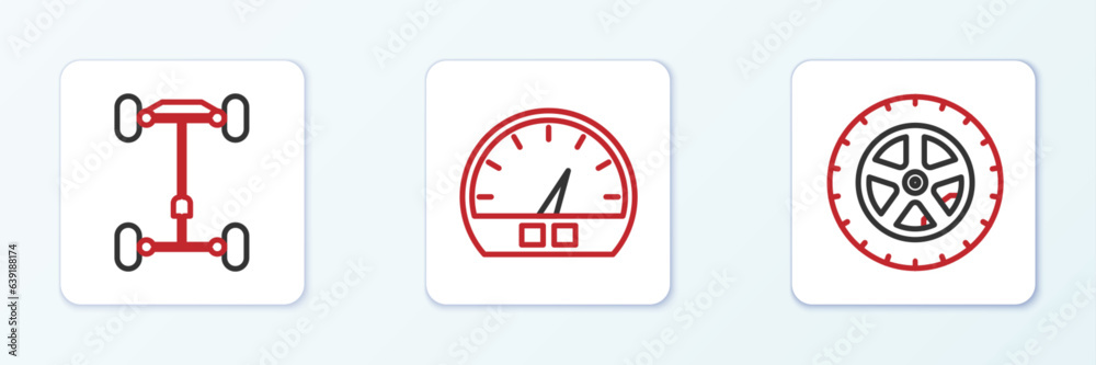 Set line Car wheel, Chassis car and Speedometer icon. Vector Set line Car wheel, Chassis car and Speedometer icon. Vector