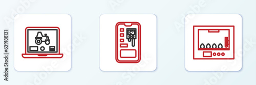 Set line Incubator for eggs, Laptop application smart farm and Smart control farming system icon. Vector