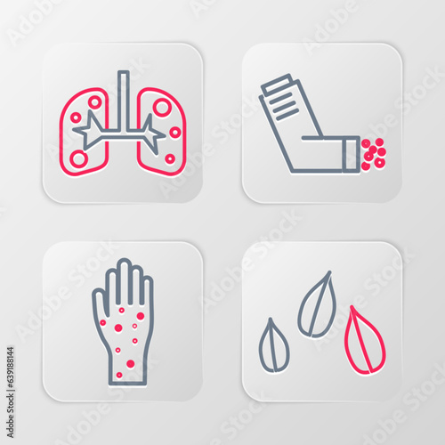 Set line Sesame seeds, Hand with psoriasis or eczema, Inhaler and Lungs icon. Vector