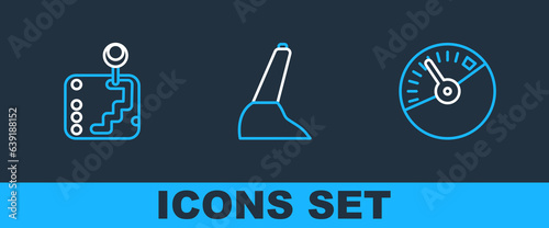 Set line Speedometer, Gear shifter and Car handbrake icon. Vector