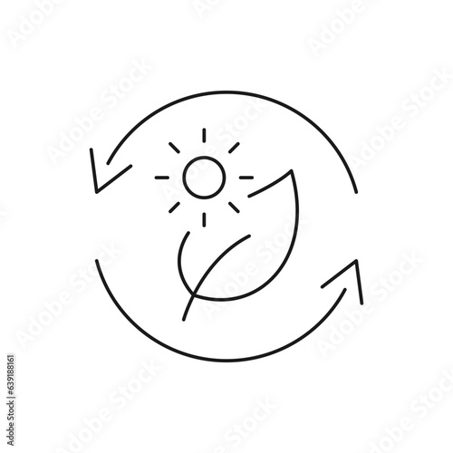 Sun and leaf in circular arrow. Photosynthesis process icon line style isolated on white background. Vector illustration