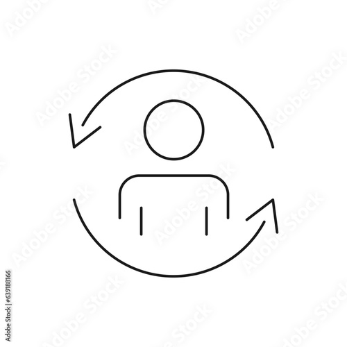 Man in circular arrow. Human rotation, sync account icon line style isolated on white background. Vector illustration