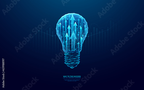 Abstract digital light bulb and growing arrows up. Start-up and business boosting concept. Futuristic low poly wireframe vector illustration on technology blue background. Polygonal or origami style.