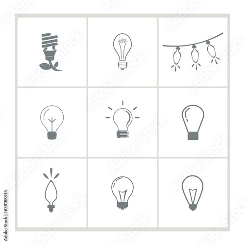 Bulb isolated icon set. energy saving spiral light bulb, bulb garland