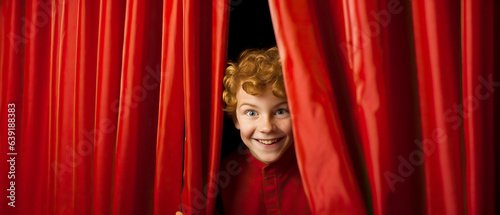 Young boy eagerly peeking through red stage curtains, excitement evident, awaiting his moment in the school theatre play. Copy Space. 21:9 aspect ratio