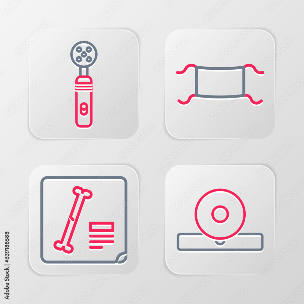 Set line Otolaryngological head reflector, X-ray shots, Medical protective mask and Electric toothbrush icon. Vector Set line Otolaryngological head reflector, X-ray shots, Medical protective mask and Electric toothbrush icon. Vector