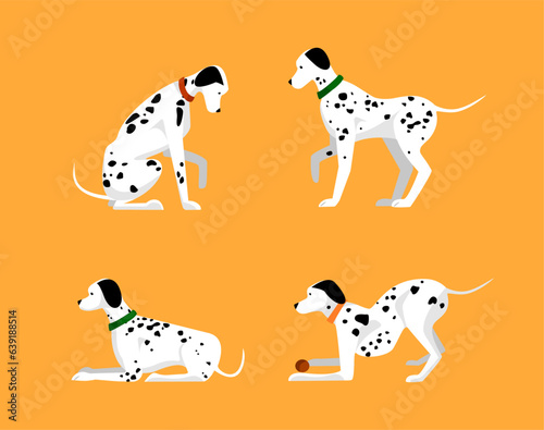 Set of domestic animals, four Dalmatians playing and training, happy dogs pets