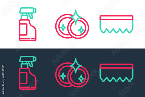Set line Sponge with bubbles, Spray bottle detergent liquid and Washing dishes icon. Vector