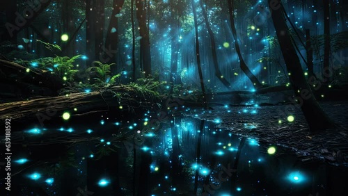 A bewitching cascade of bioluminescent stars, akin to fallen celestial butterflies, adorns the forest floor, painting a mystical nocturnal enchantment