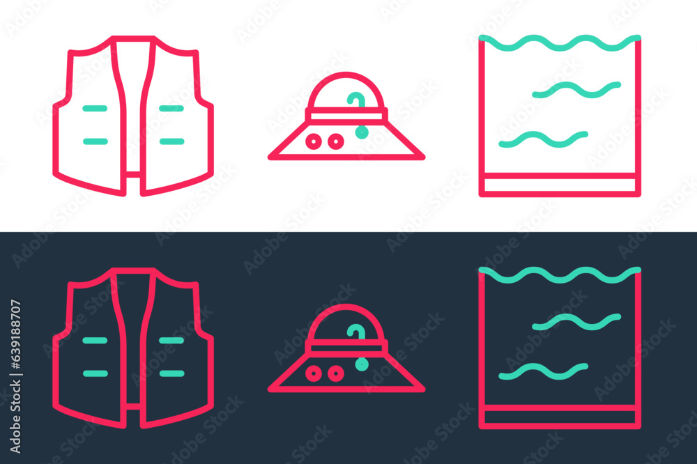 Set line Aquarium, Fishing jacket and Fisherman hat icon. Vector Set line Aquarium, Fishing jacket and Fisherman hat icon. Vector
