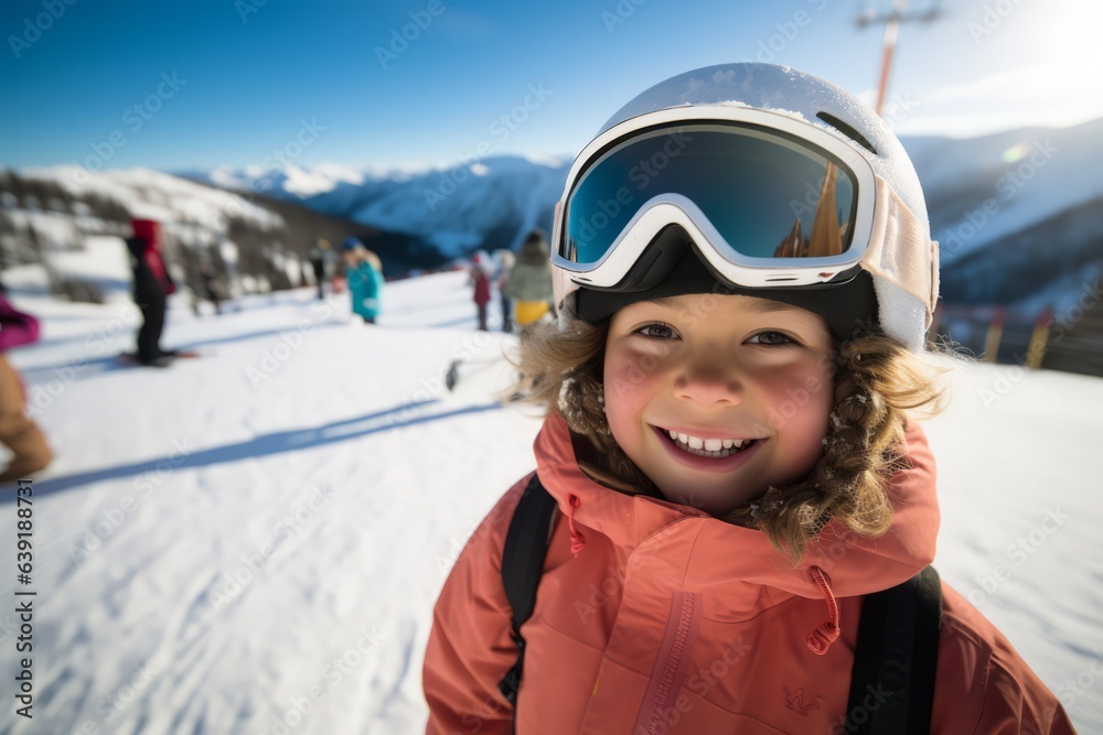smiling young skier looking at a camera with ski gear on her face smiling young skier looking at a camera with ski gear on her face