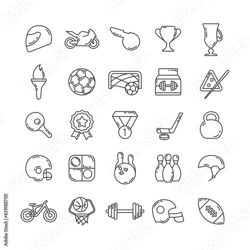 sport line icon set with bowling, racing helmet, ball, olympic torch