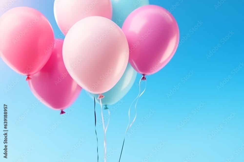 balloons floating over a blue background with stars