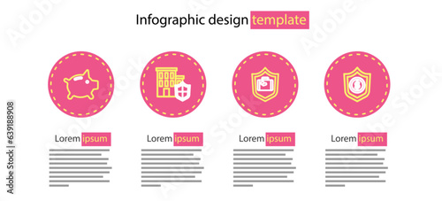 Set line Travel suitcase with shield, Shield dollar, House and Piggy bank icon. Vector