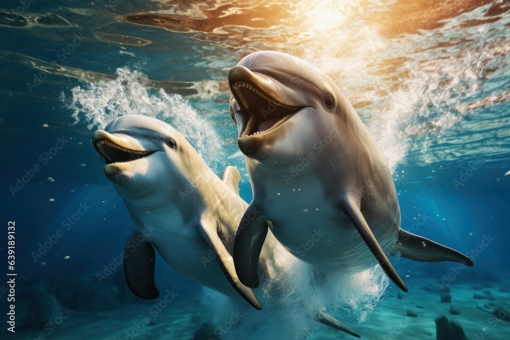 Fototapeta premium Underwater dolphin playing reef. Generate Ai