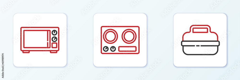 Set line Cooking pot, Microwave oven and Gas stove icon. Vector Set line Cooking pot, Microwave oven and Gas stove icon. Vector
