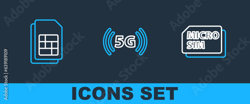 Set line Micro Sim Card, card and 5G network icon. Vector