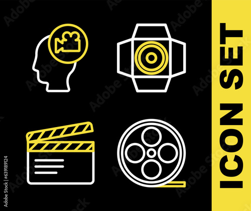 Set line Movie spotlight, Film reel, clapper and Head with camera icon. Vector