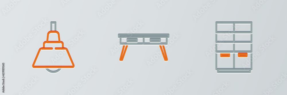 Set line Wardrobe, Chandelier and Office desk icon. Vector Set line Wardrobe, Chandelier and Office desk icon. Vector