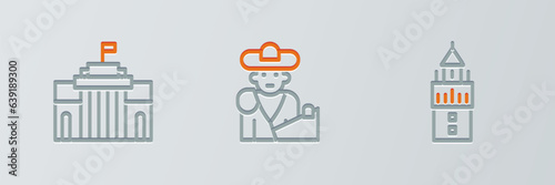 Set line Giralda, Prado museum and Bullfight, matador icon. Vector