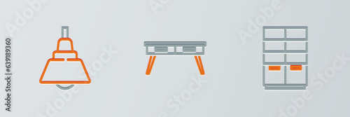 Set line Wardrobe, Chandelier and Office desk icon. Vector