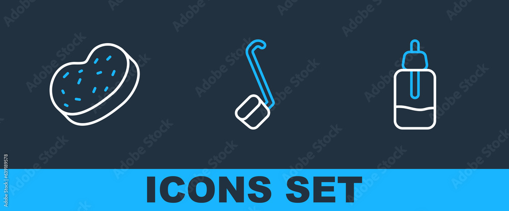 Set line Essential oil bottle, Bath sponge and Sauna ladle icon. Vector Set line Essential oil bottle, Bath sponge and Sauna ladle icon. Vector