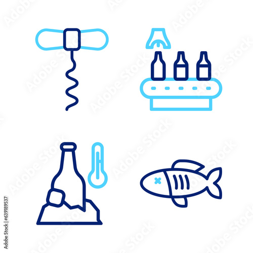 Set line Dried fish, Cold beer bottle, Conveyor band, and Wine corkscrew icon. Vector