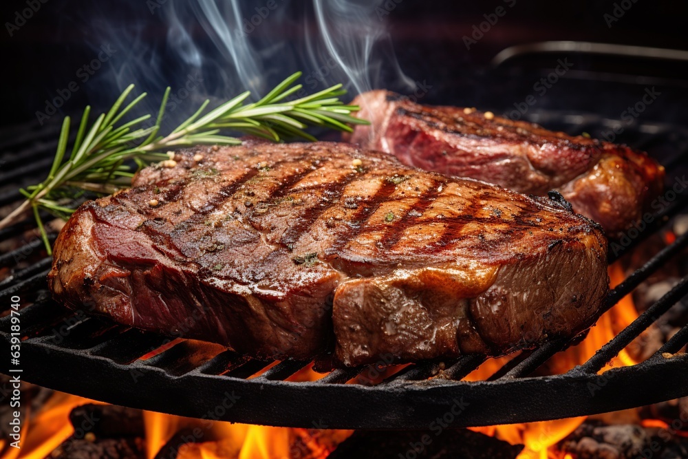 Grilling beef steak on charcoal, Generative AI Grilling beef steak on charcoal, Generative AI