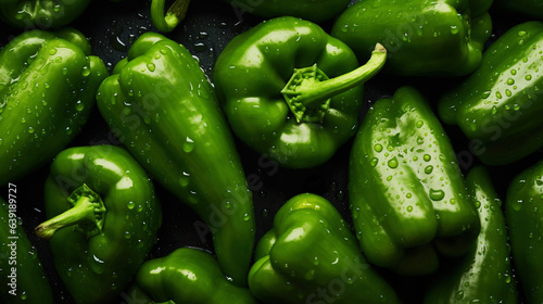 Fresh green bell peppers with water drops background. Vegetables backdrop. Generative AI