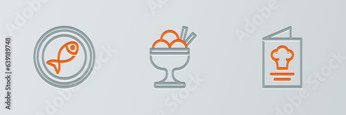 Set line Cookbook, Served fish on a plate and Ice cream in bowl icon. Vector