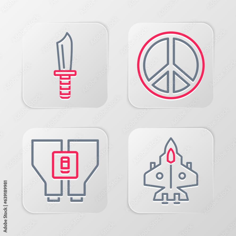 Set line Jet fighter, Binoculars, Peace and Military knife icon. Vector Set line Jet fighter, Binoculars, Peace and Military knife icon. Vector