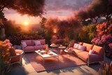  a serene 3D rendering of a small garden at sunset, featuring sofas and chairs bathed in warm and inviting hues.