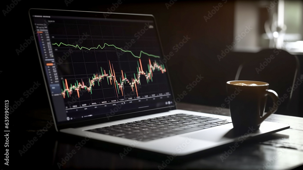 there is a laptop on the table, on the laptop screen there is a chart of stocks, cryptocurrencies. there is a laptop on the table, on the laptop screen there is a chart of stocks, cryptocurrencies.