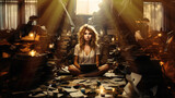 Young woman sitting with her laptop surrounded by books. Generative AI