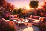  a serene 3D rendering of a small garden at sunset, featuring sofas and chairs bathed in warm and inviting hues.